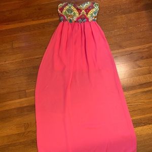 Manito-Pink Print Strapless Slip Maxi Dress-S